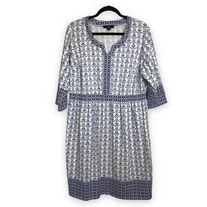 Ellos Knit Pullover 3/4 Sleeve Split Neck Dusty Blue White Dress Women's Large